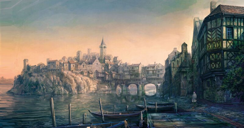 medieval riverside town at dusk