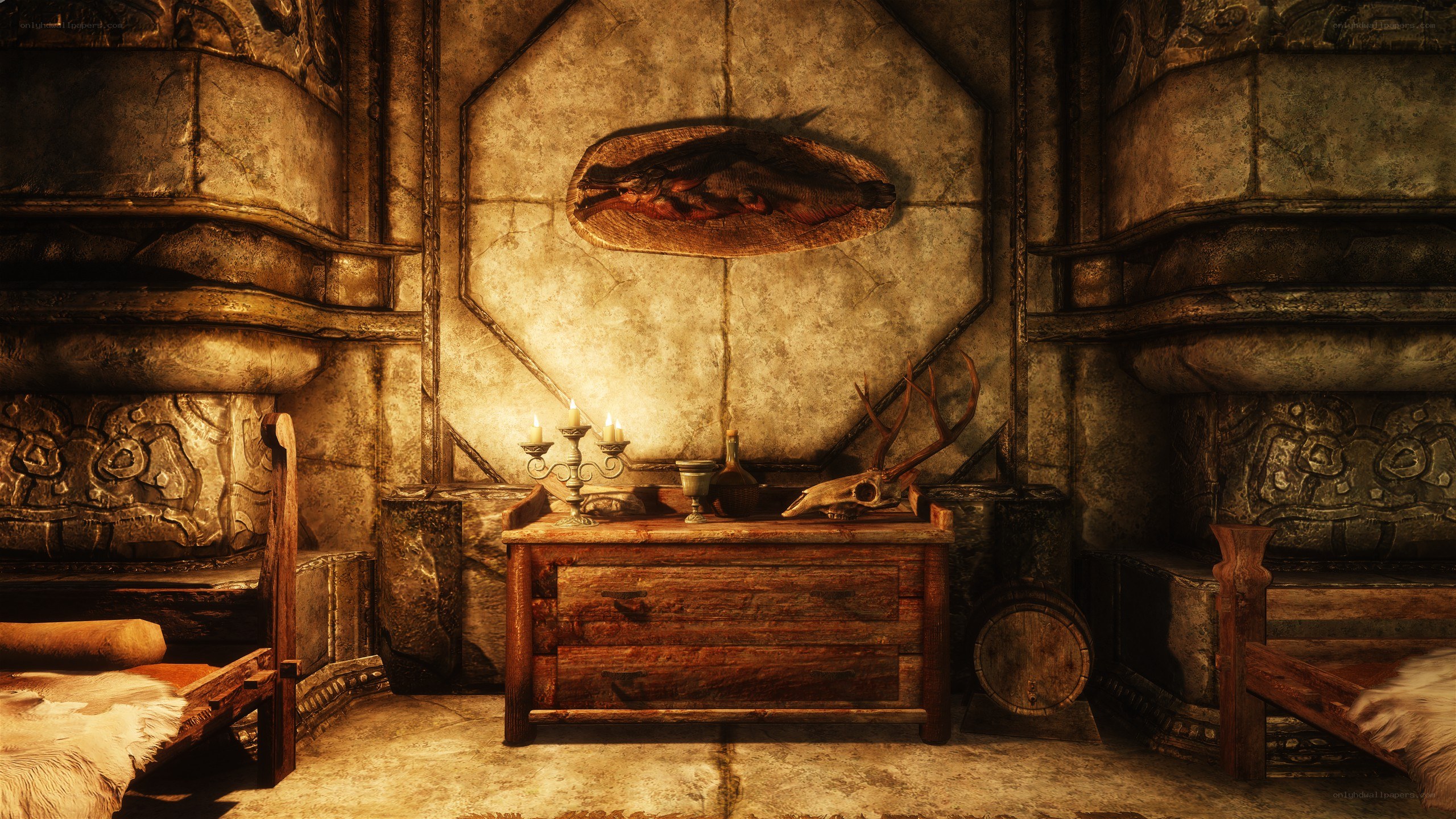 medieval room with fish carving