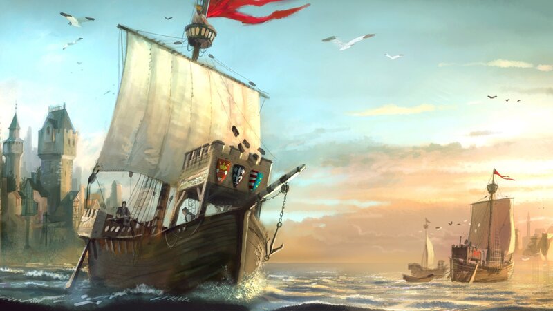 Medieval ships at sunset