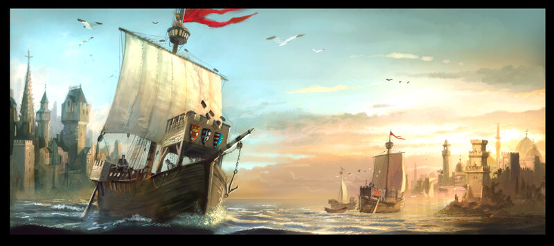 Medieval ships in a coastal city