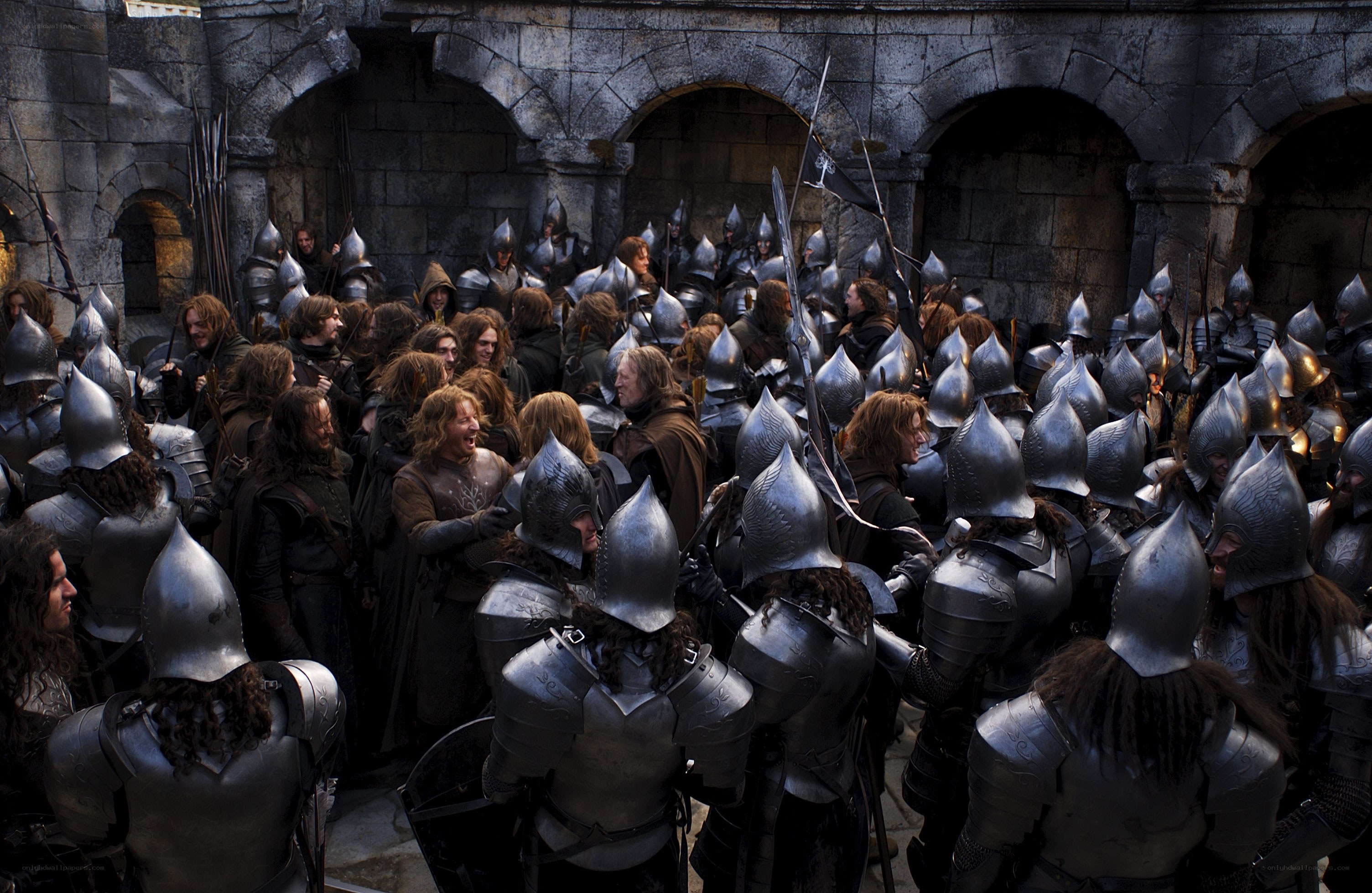 Medieval soldiers in courtyard