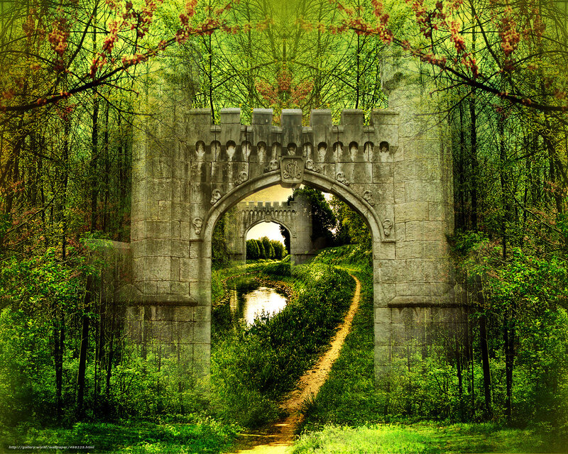 Medieval stone archway in forest