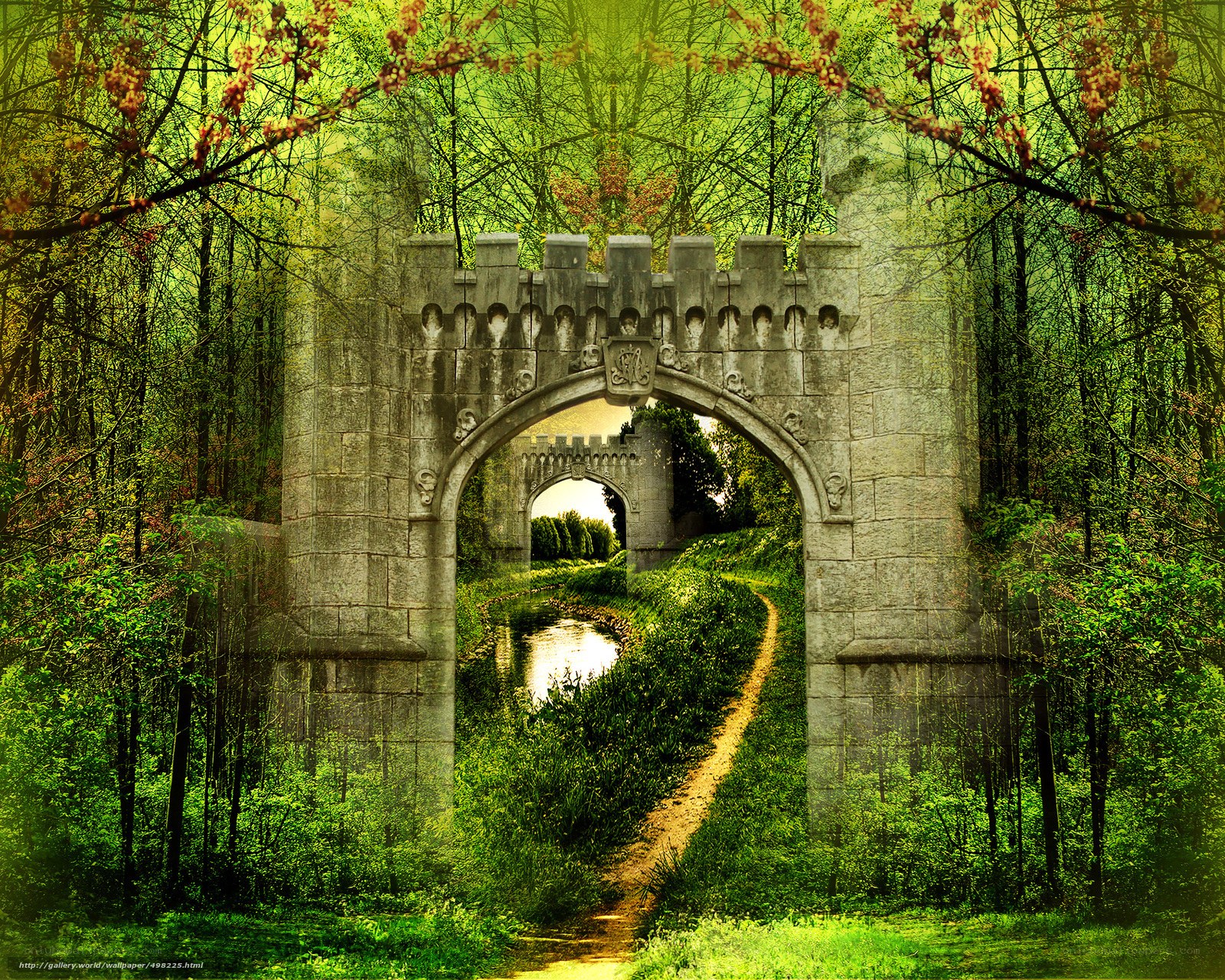 Medieval stone archway in forest