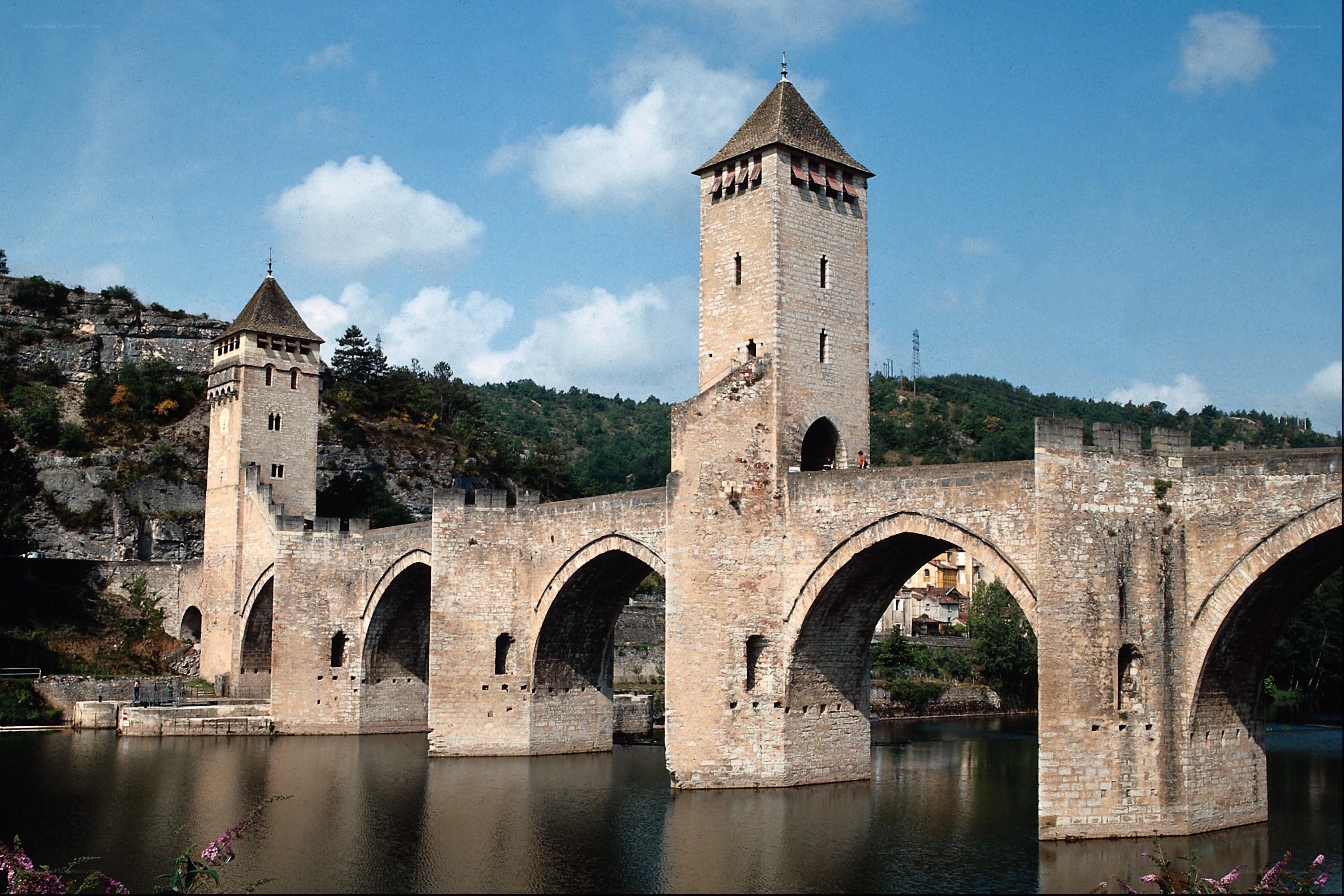 Medieval stone bridge with towers