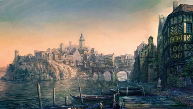 Medieval Town by River — Blue, Serene, Sunset