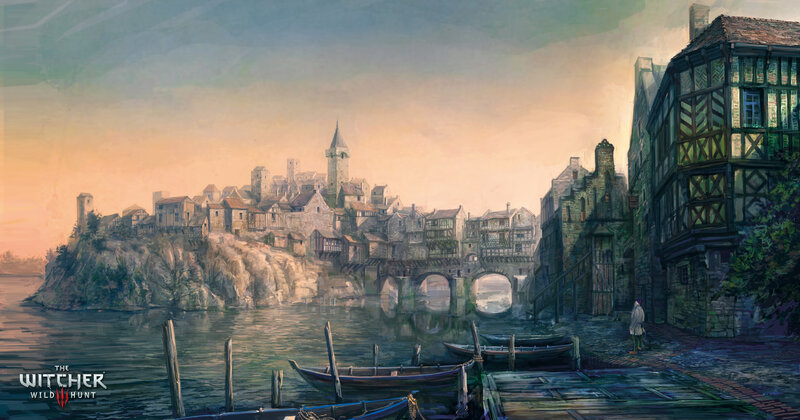Medieval Town by River — Blue, Serene