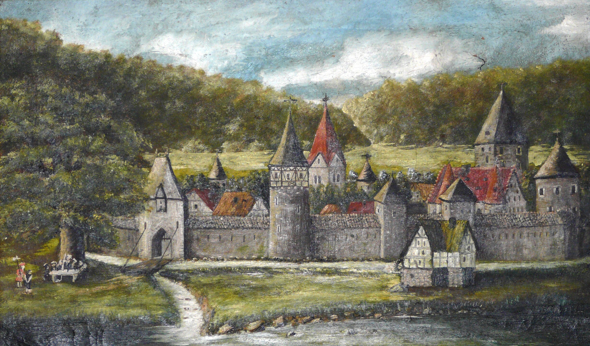Medieval town by river
