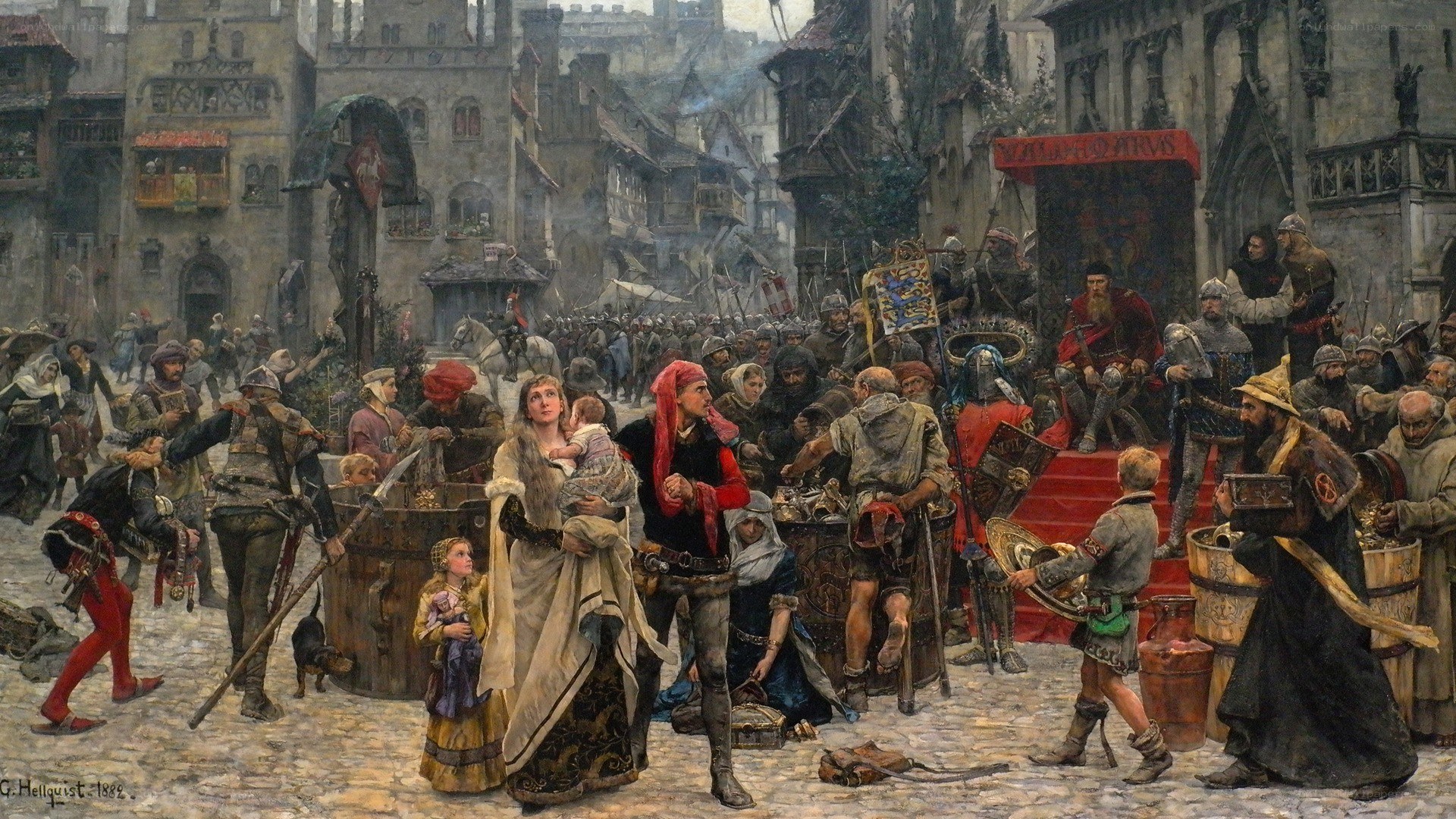 Medieval town chaos scene