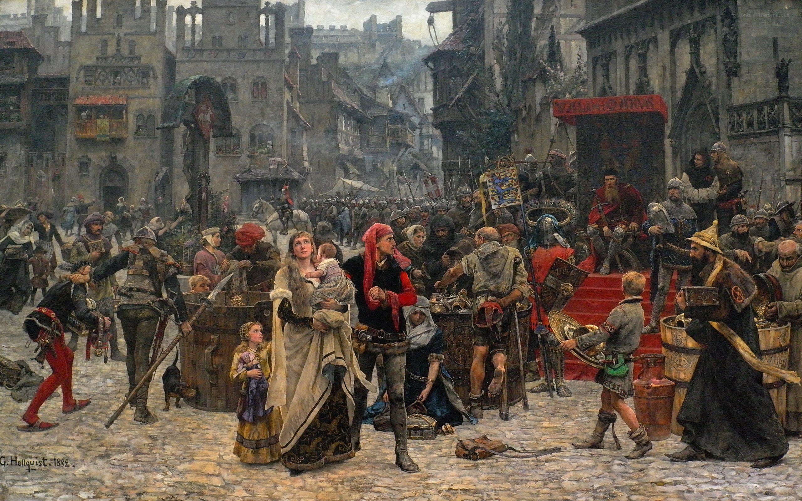 Medieval town gathering scene