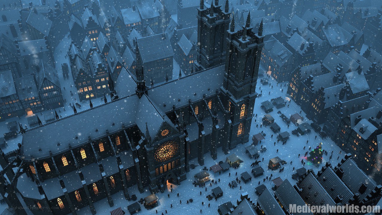 Medieval town in snowstorm