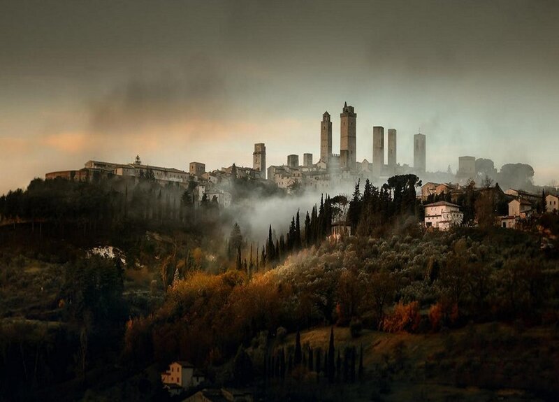 Medieval Town on Hill — Gray