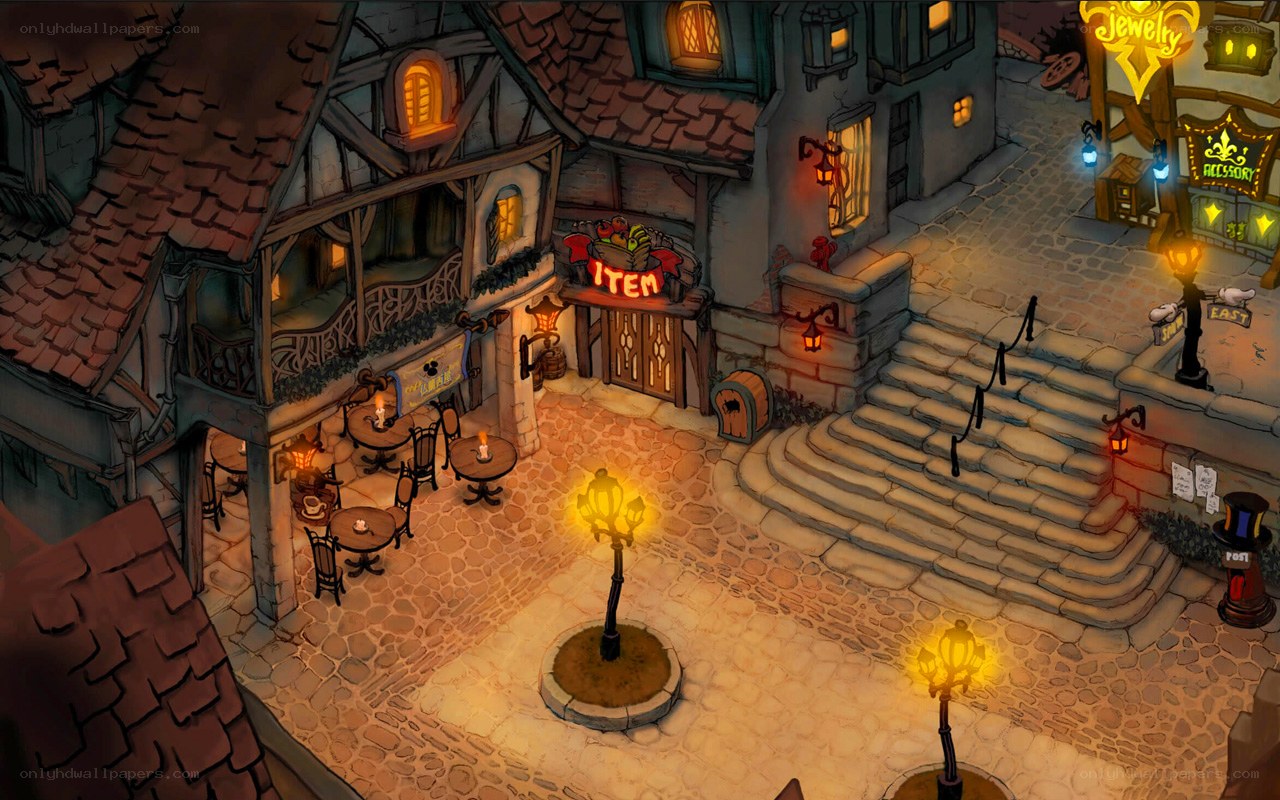 medieval town square at night