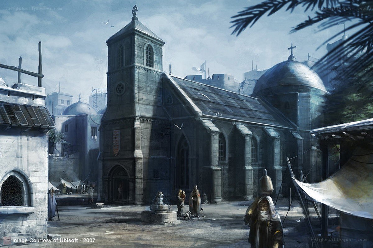 Medieval town square with church
