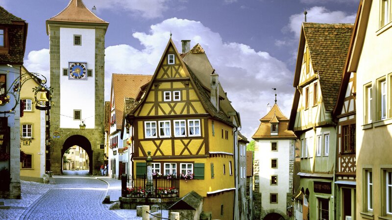 Medieval town with clock tower