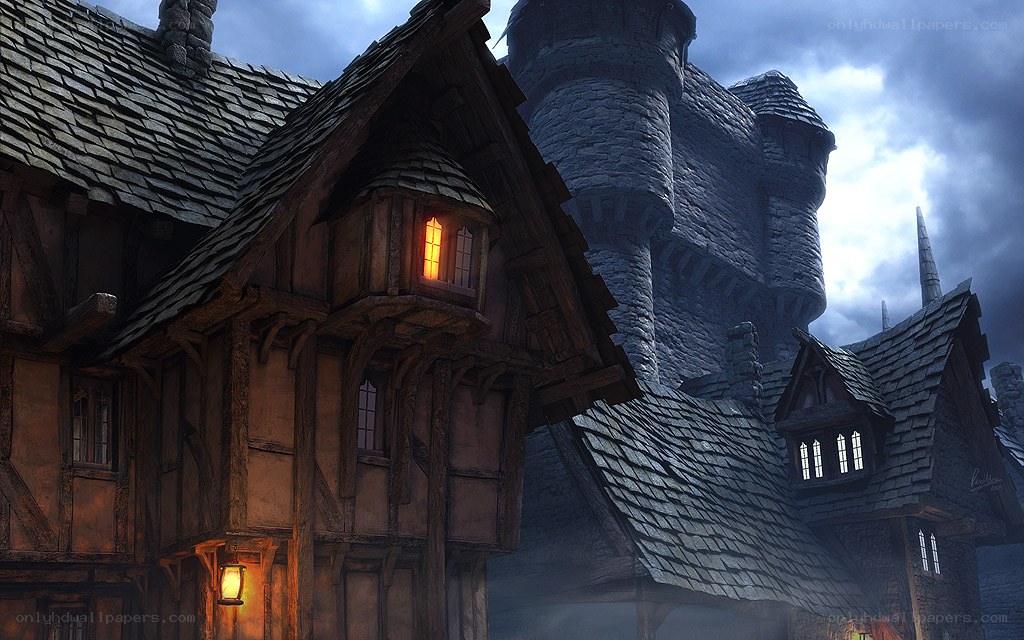 medieval village at dusk