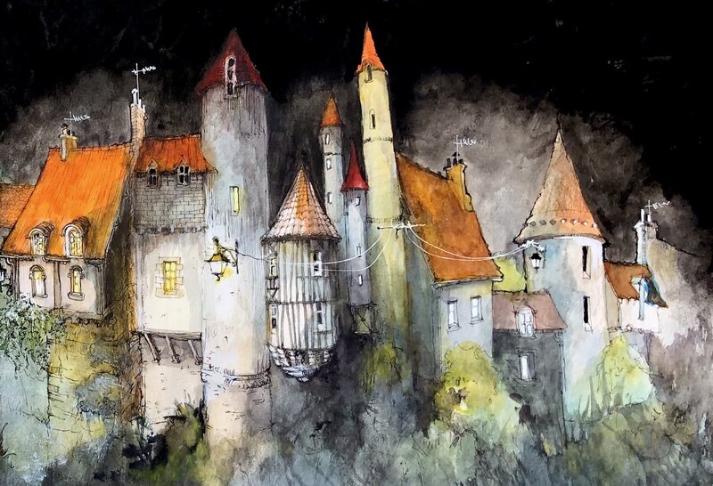 Medieval Village at Night — Orange
