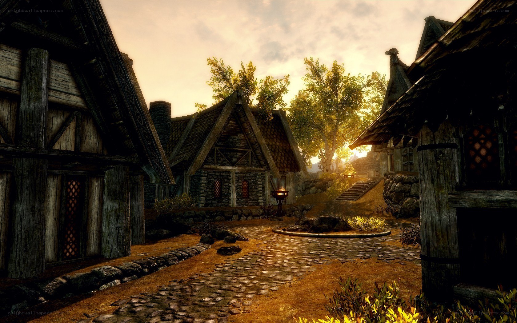medieval village at sunset