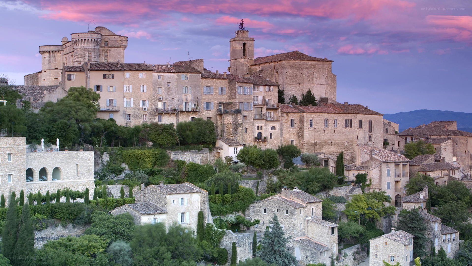 medieval village at sunset