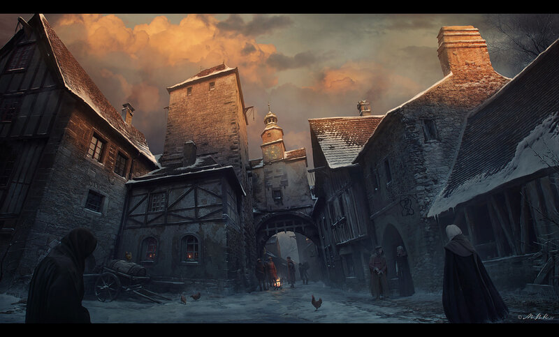 Medieval Village Street — Gray