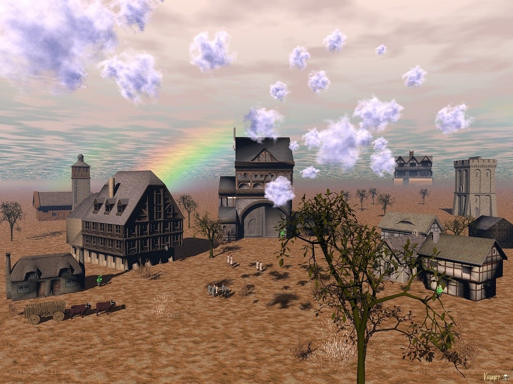 Medieval village with rainbow