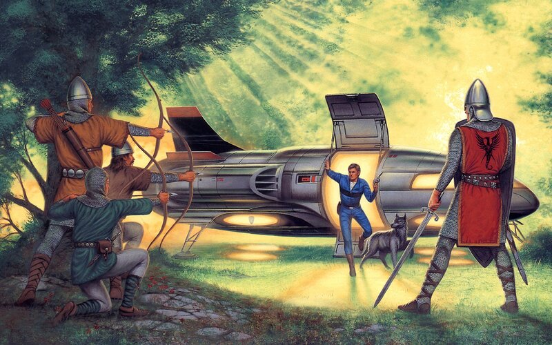 Medieval warriors confront a futuristic pilot