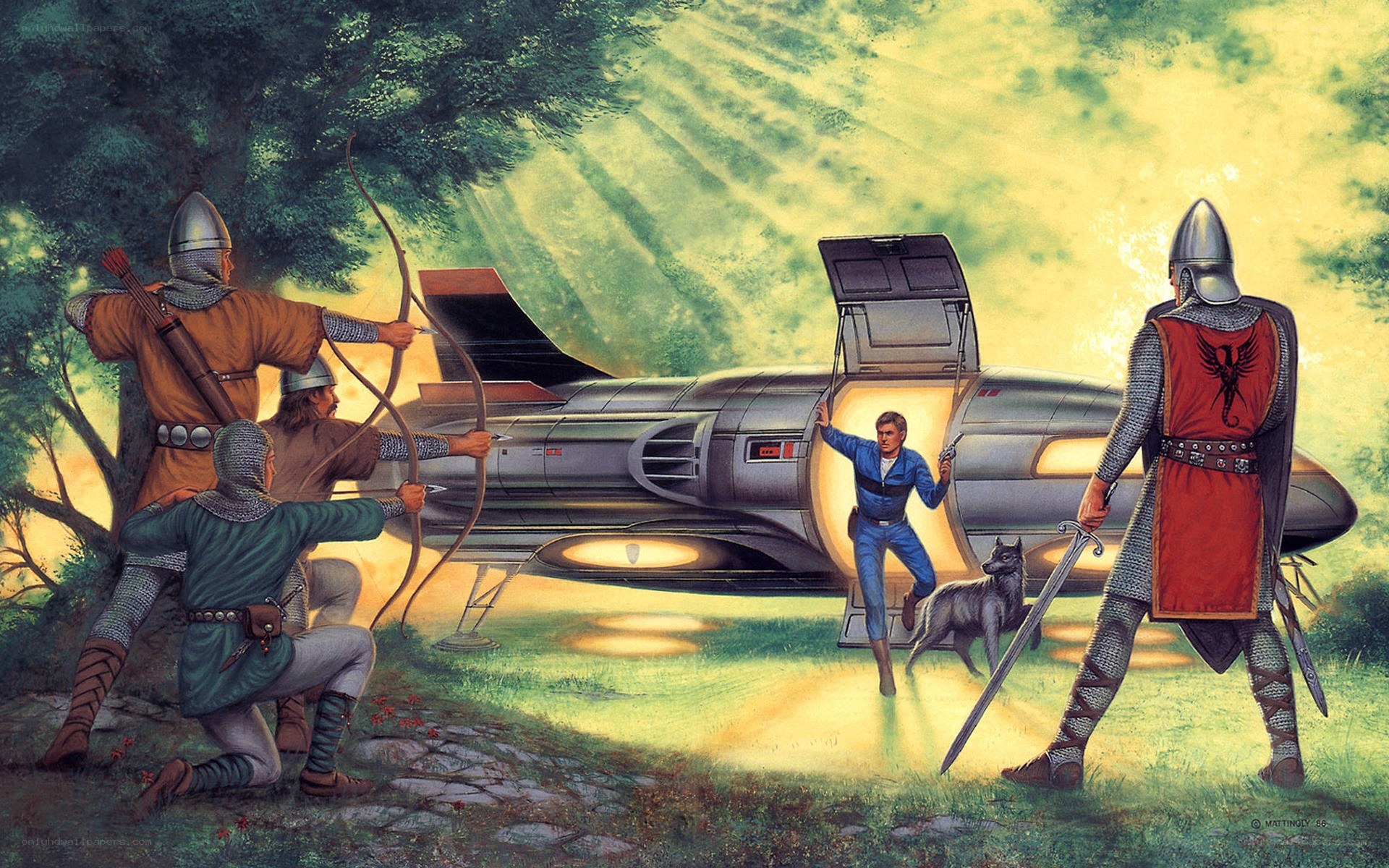 Medieval warriors confront a futuristic pilot