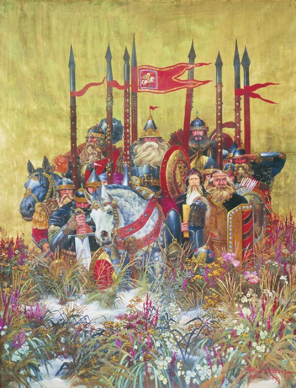 Medieval warriors in a field