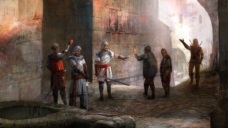 Medieval warriors in a stone alley