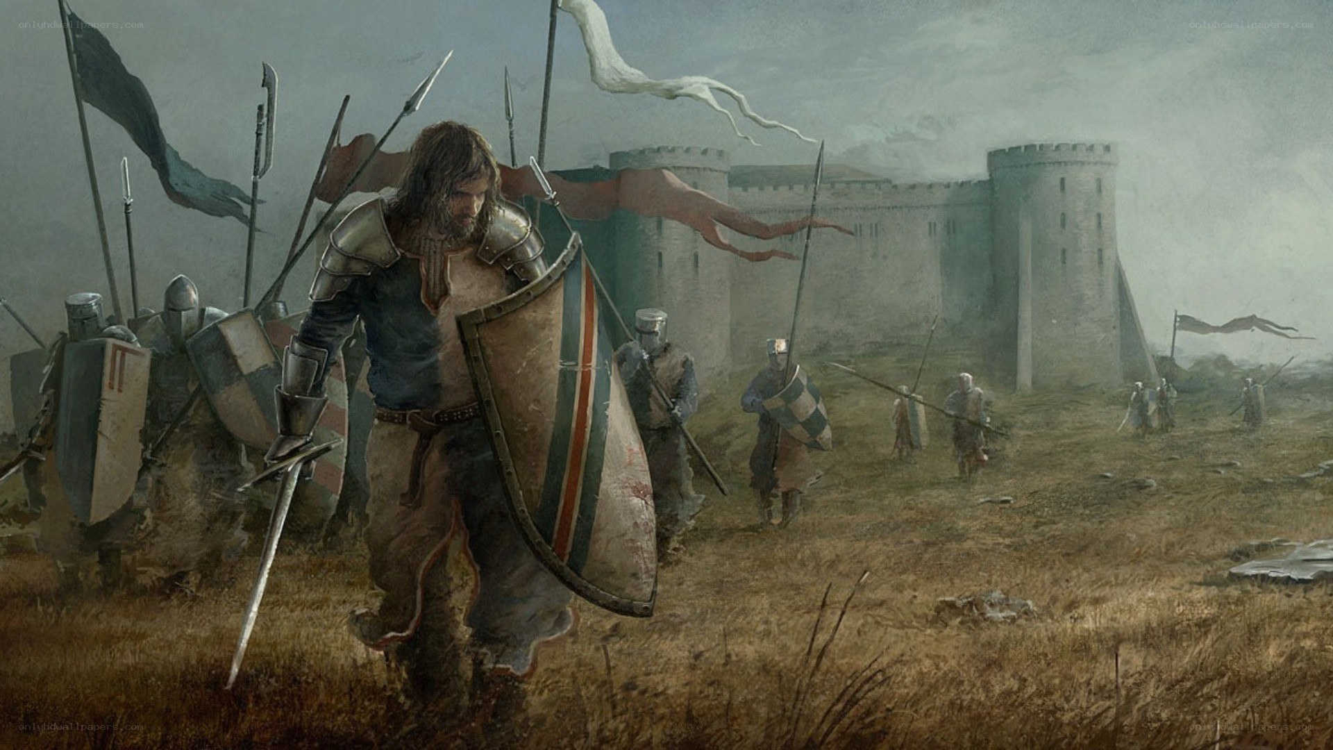 Medieval warriors marching to castle