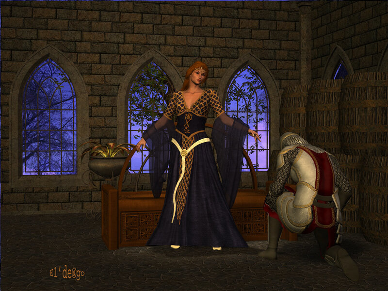 Medieval woman and knight in castle