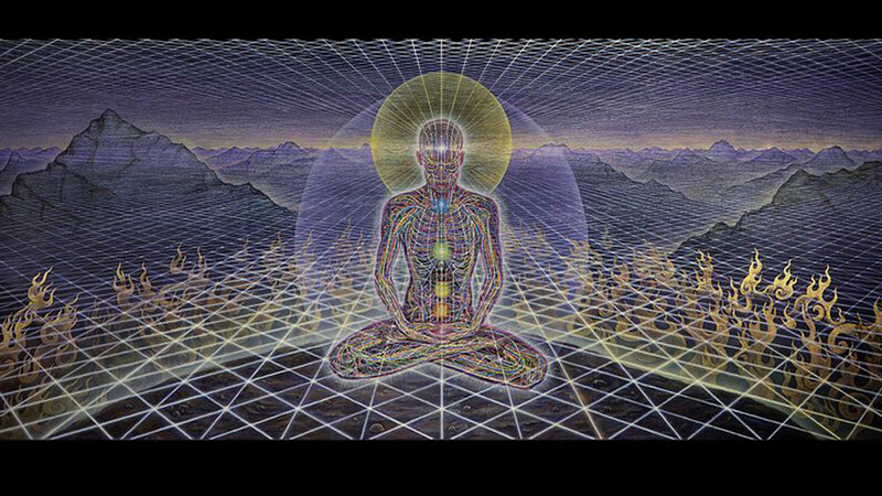 meditating figure in cosmic landscape