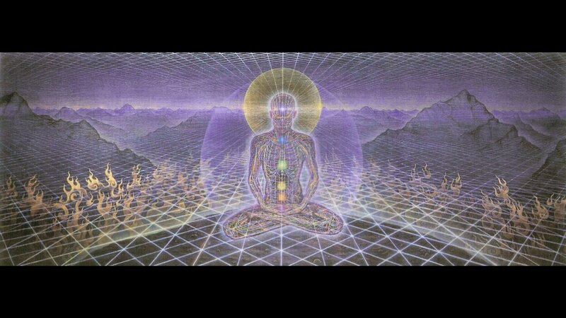 Meditating figure in cosmic landscape