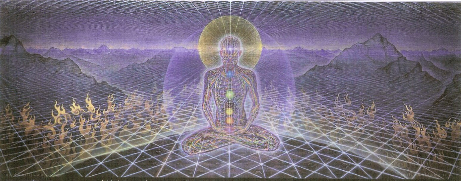 Meditating figure in cosmic landscape