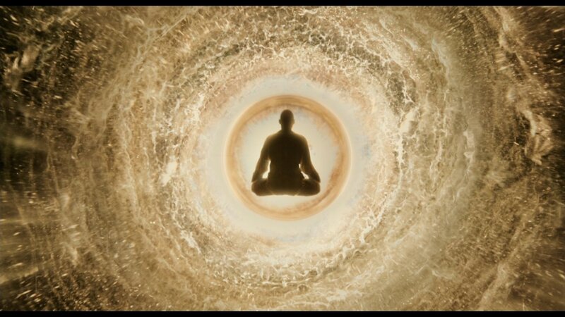 meditating figure in cosmic tunnel