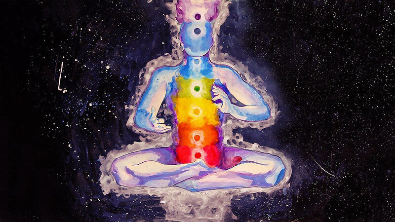 Meditating Figure with Chakras — Blue, Serene