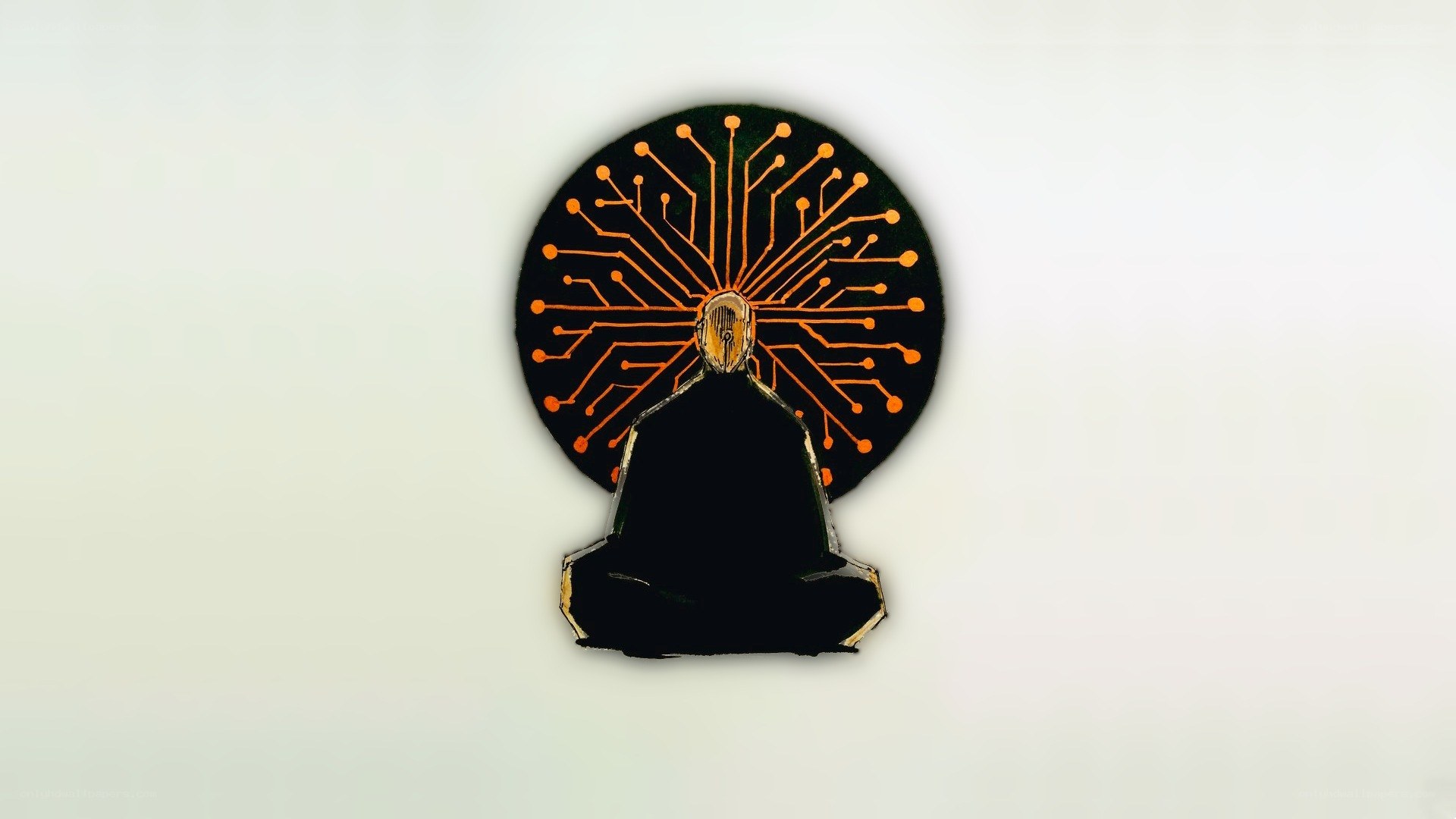 Meditating figure with circuit board aura