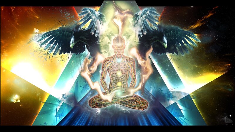 meditating figure with eagles