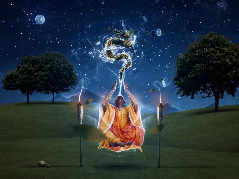 Meditating monk with dragon
