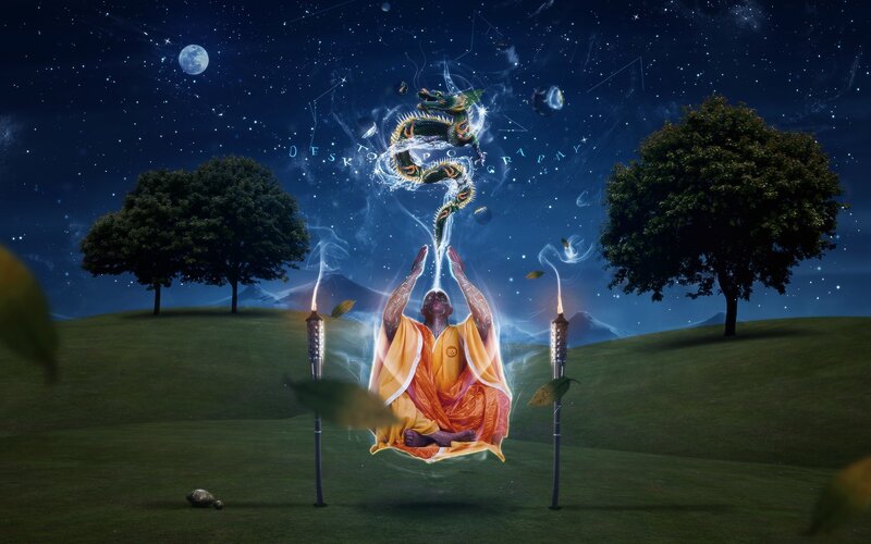 Meditating monk with dragon