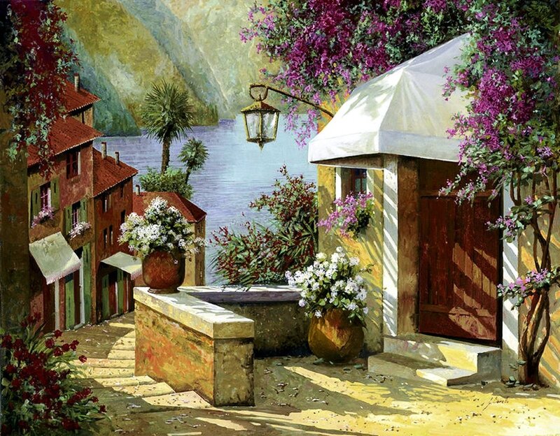 Mediterranean Alley with Flowers — Purple
