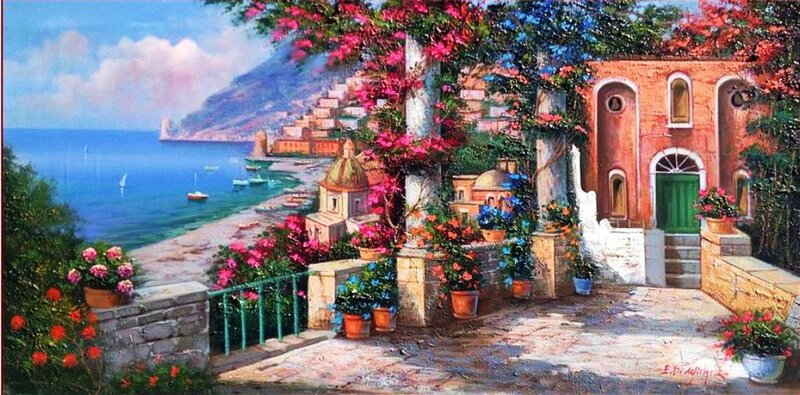 Mediterranean Coastal Village — Blue, Serene, Afternoon, Painting