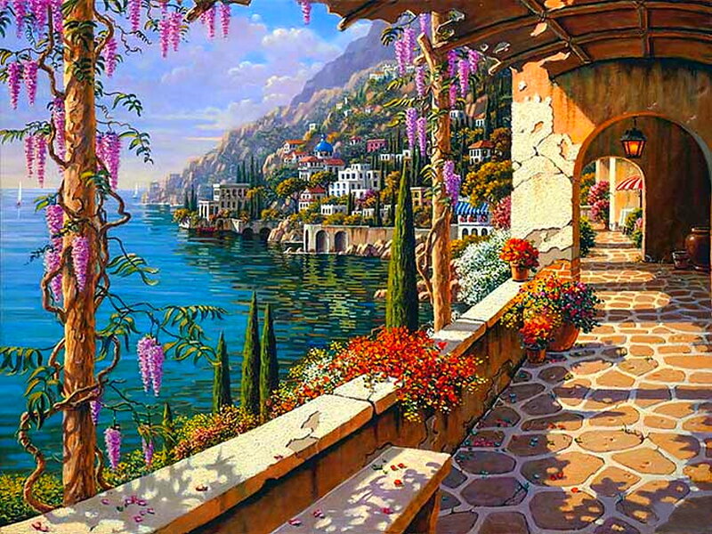 Mediterranean Coastal Village — Blue, Serene