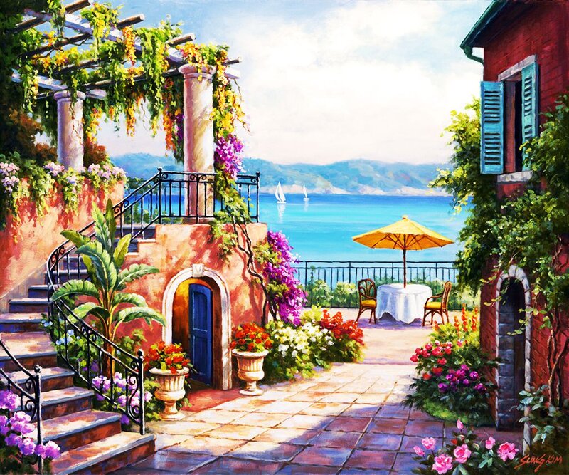 Mediterranean Courtyard — Blue, Serene, Afternoon