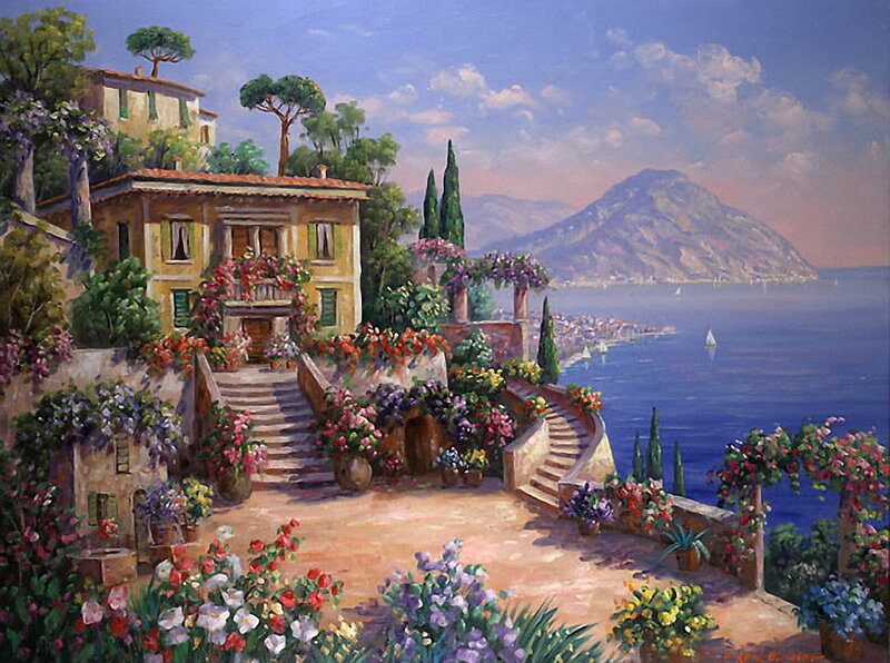 Mediterranean Villa with Flowers — Blue