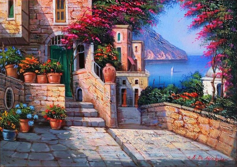 Mediterranean Village Scene — Blue