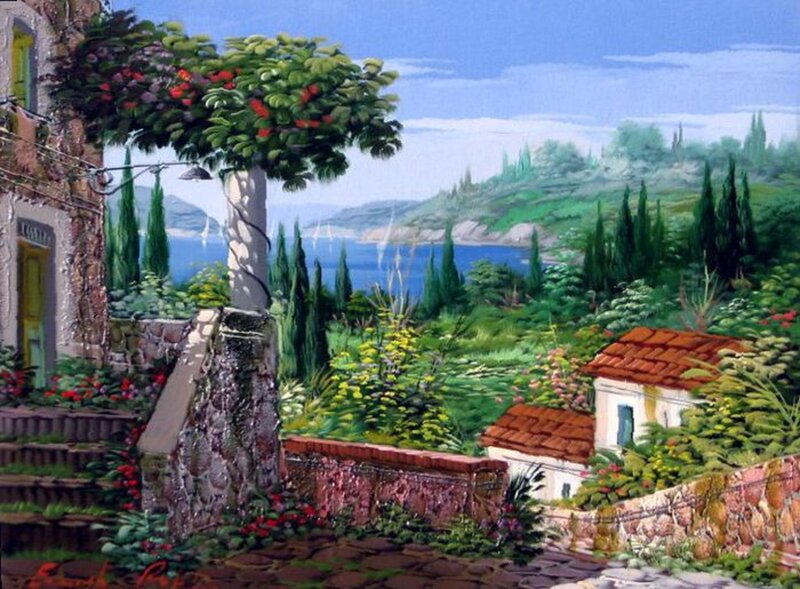 Mediterranean Village Scene — Green
