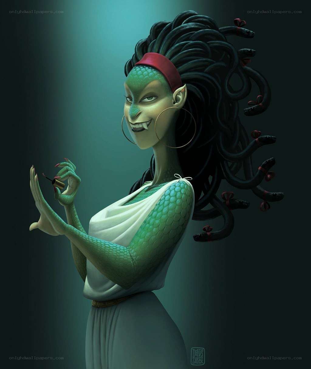Medusa applying nail polish