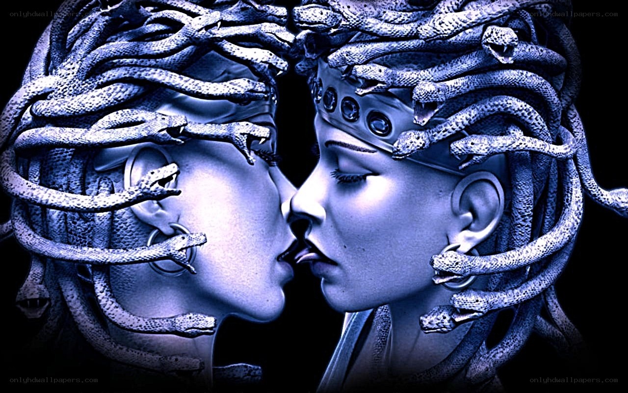 Medusa figures in blue light