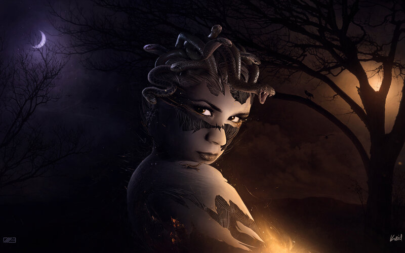 Medusa with Snakes — Black, Dark, Dramatic