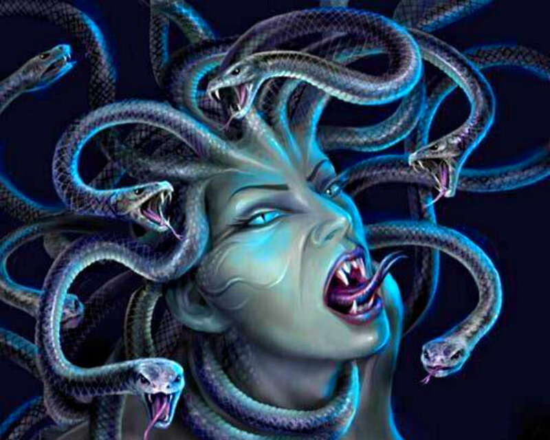 Medusa with Snakes — Blue, Dramatic, Night